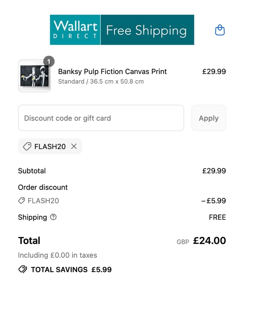 Screenshot of the Wall Art Direct discount code working