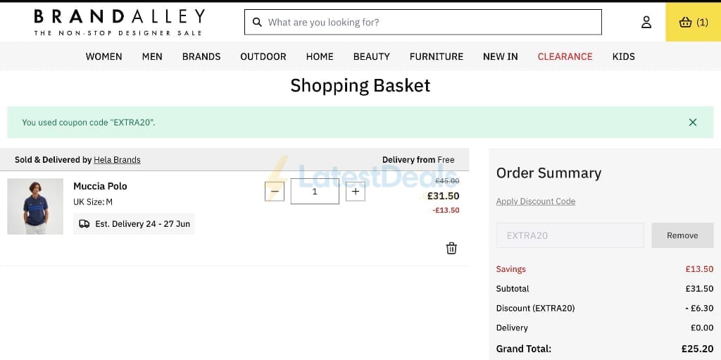 Screenshot of the BrandAlley discount code working