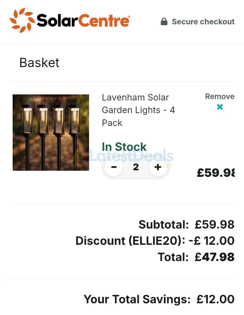 Screenshot of the Solar Centre discount code working