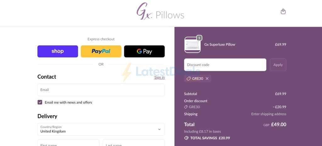 Screenshot of the Gx Pillows discount code working