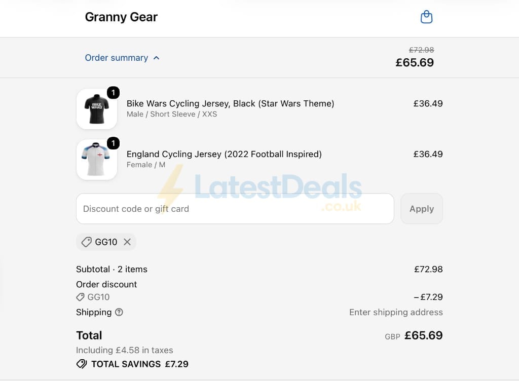 Screenshot of the Granny Gear discount code working