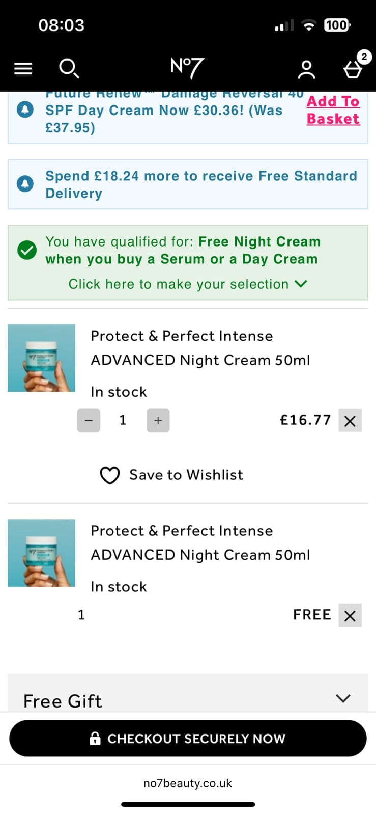 Screenshot of the No7 Beauty discount code working