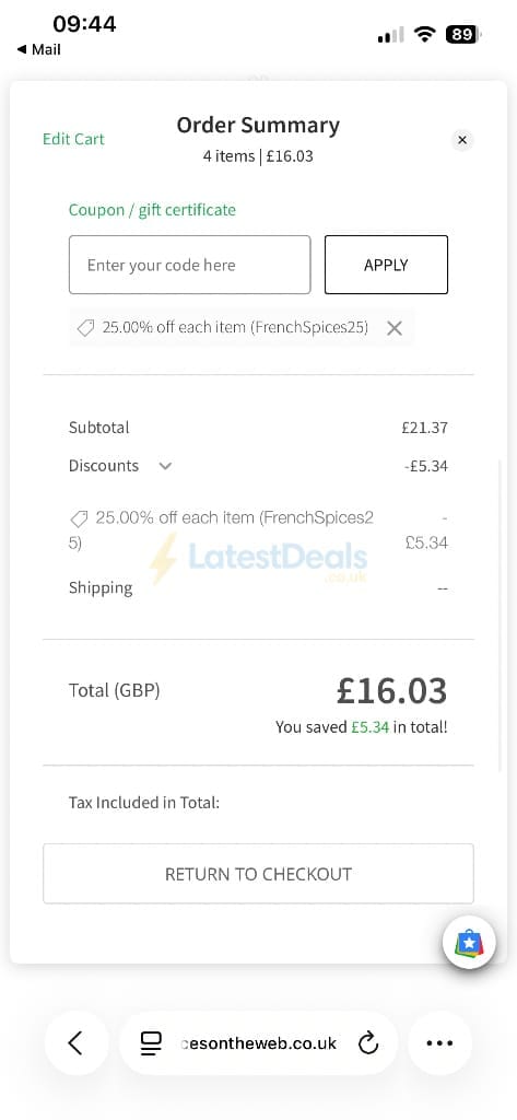 Screenshot of the SPICES on the WEB discount code working