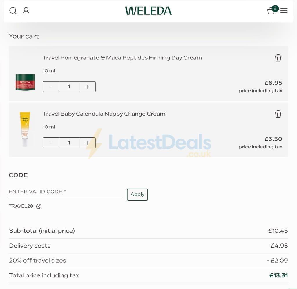 Screenshot of the Weleda discount code working