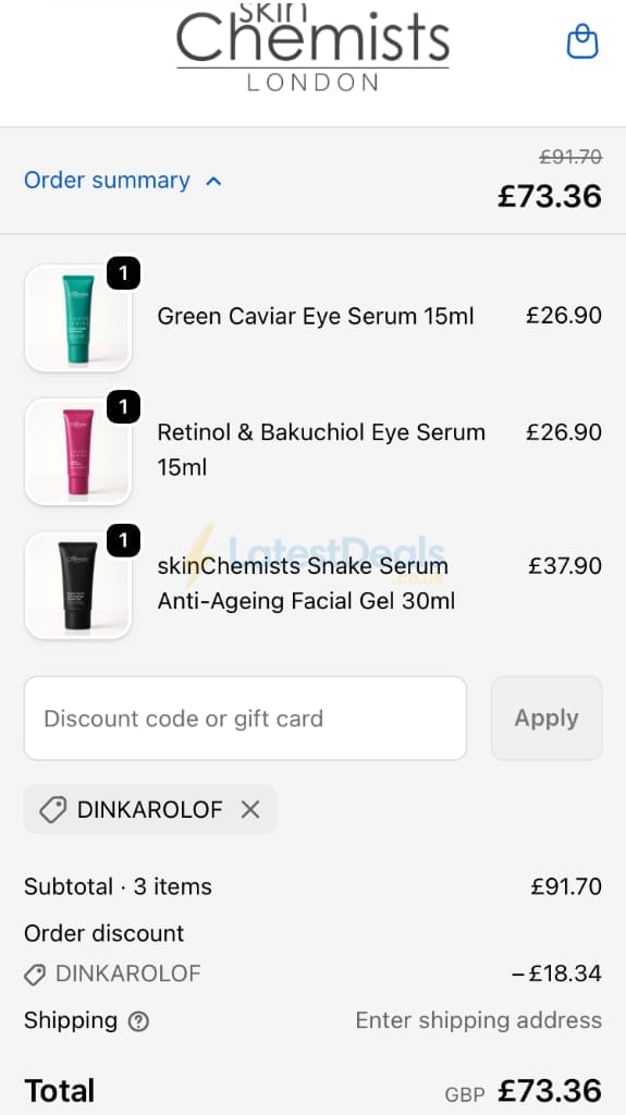 Screenshot of the skinChemists discount code working