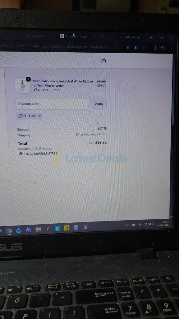 Screenshot of the Niche Jewellery discount code working