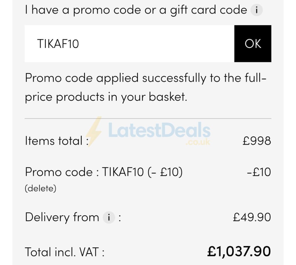 Screenshot of the Tikamoon discount code working