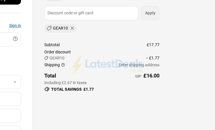 Screenshot of the Granny Gear discount code working