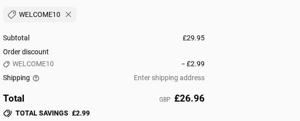 Screenshot of the Tillyanna discount code working