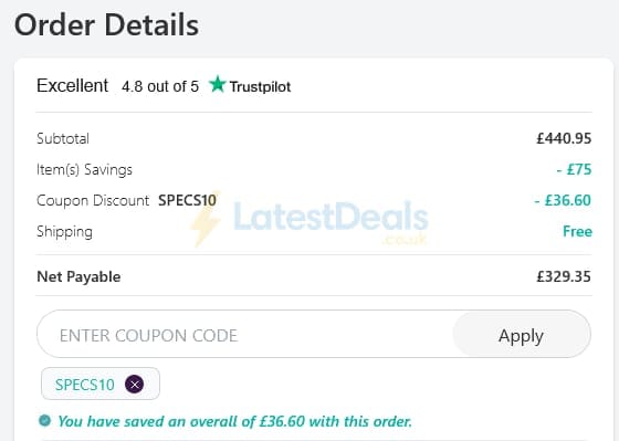 Screenshot of the Specscart discount code working