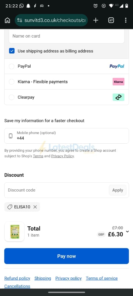 Screenshot of the SunVit-D3 discount code working