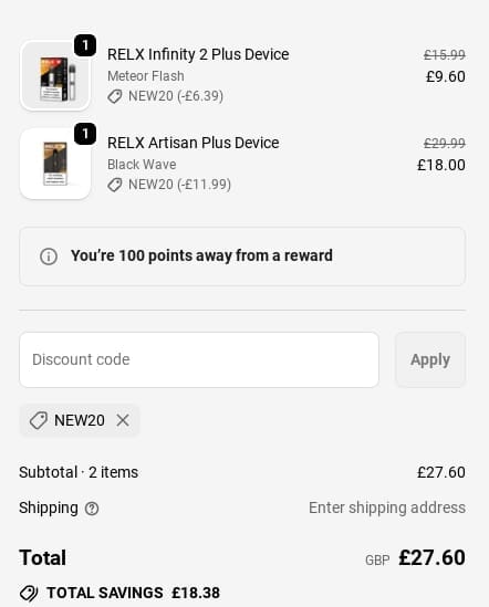Screenshot of the RELX discount code working