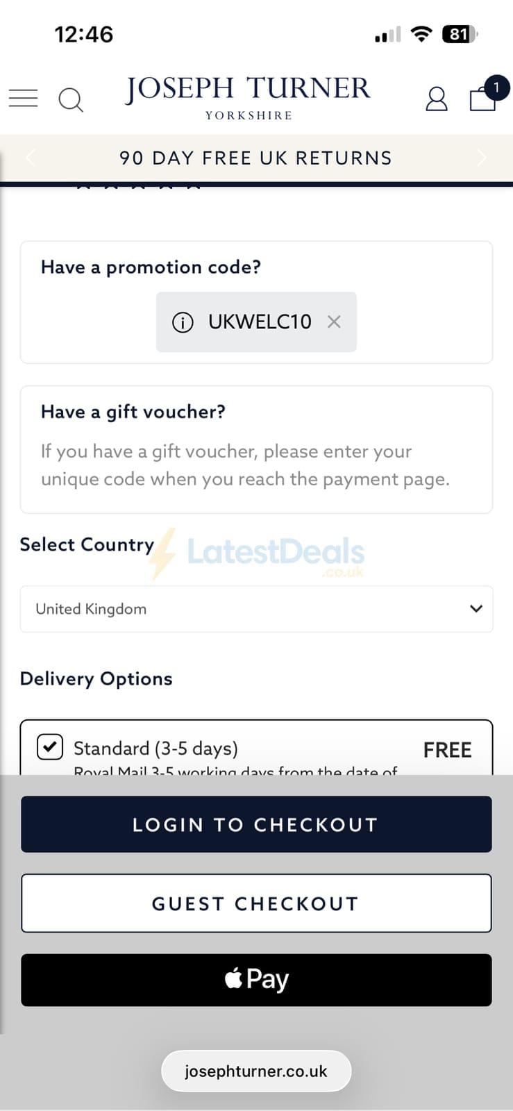 Screenshot of the Joseph Turner discount code working