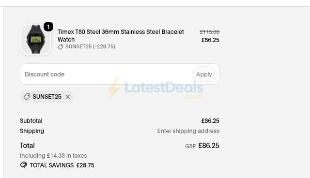 Screenshot of the Timex discount code working