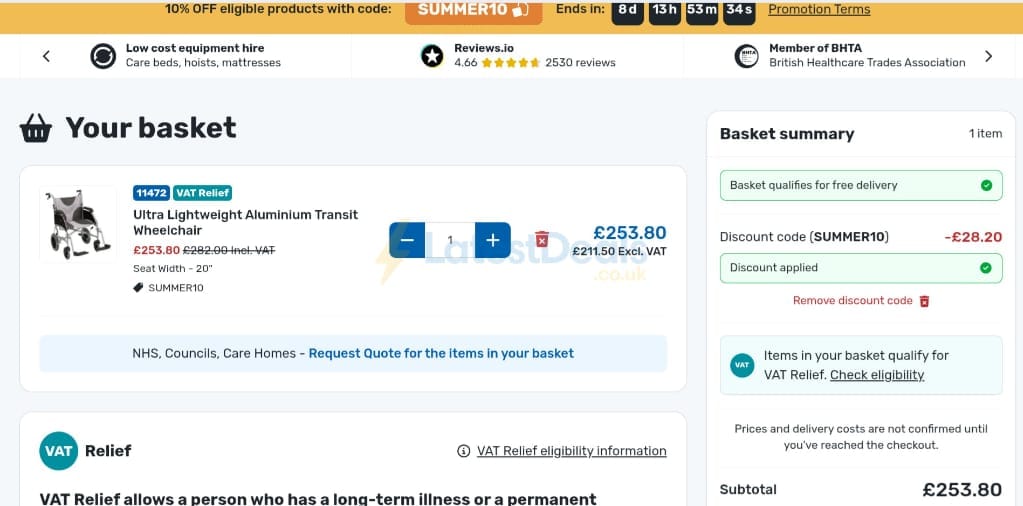 Screenshot of the Manage At Home discount code working