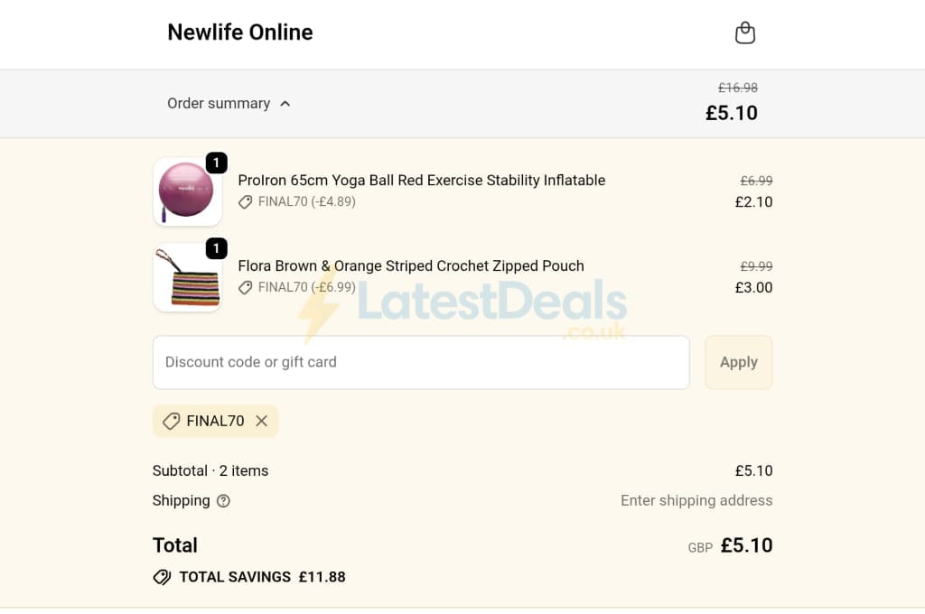 Screenshot of the Newlife the Charity discount code working
