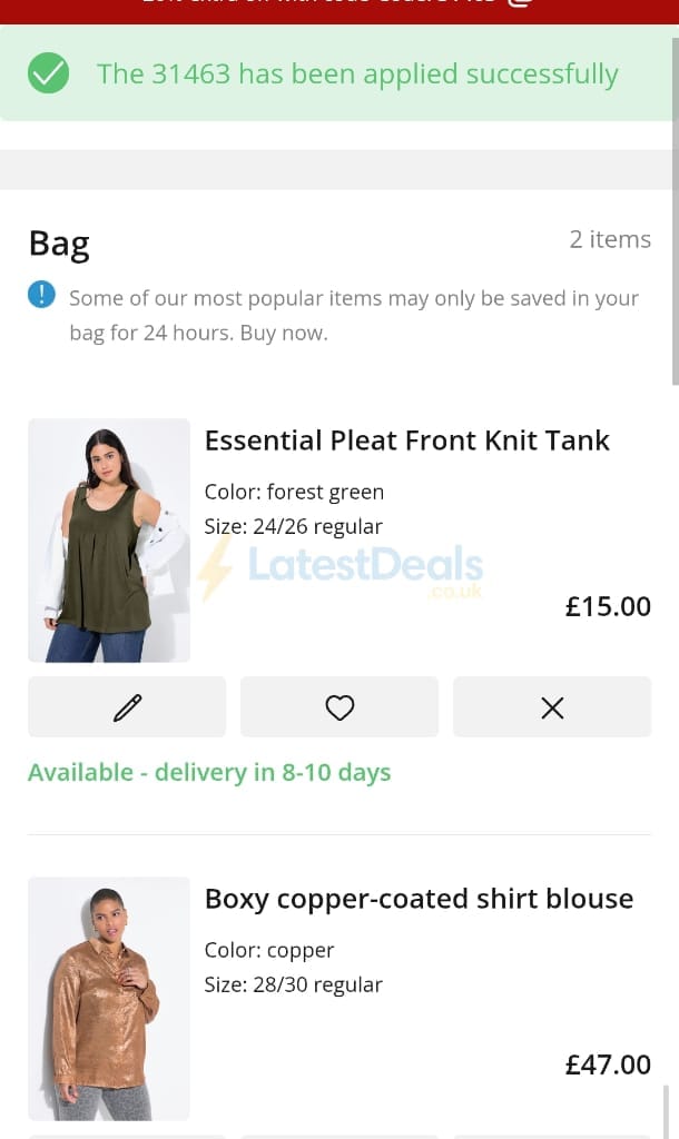 Screenshot of the Ulla Popken discount code working