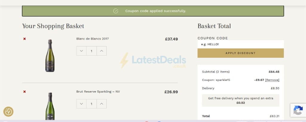Screenshot of the Lyme Bay Winery discount code working