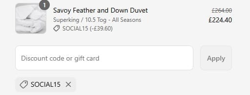 Screenshot of the Tielle discount code working