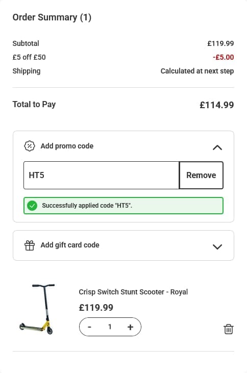 Screenshot of the Skatehut discount code working