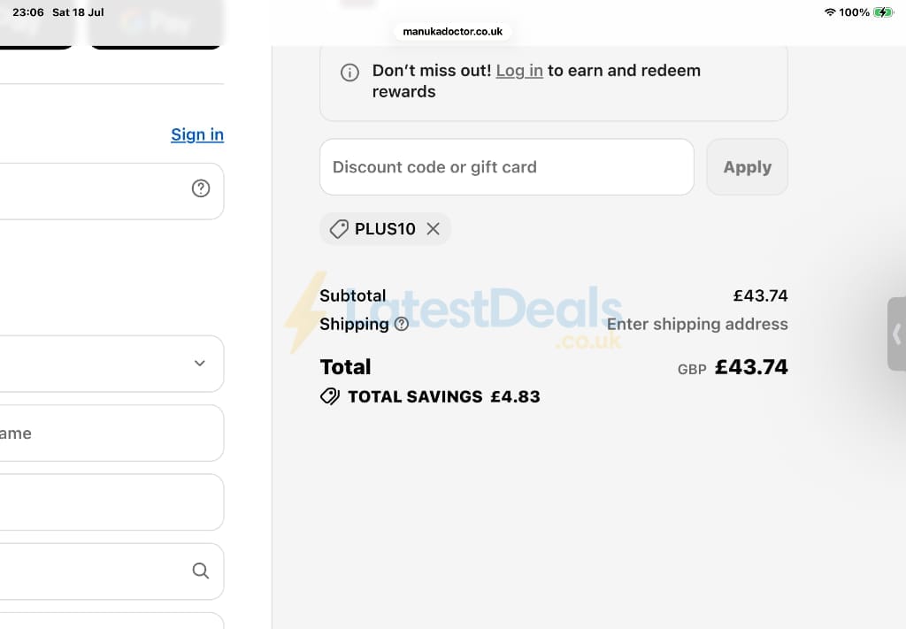 Screenshot of the Manuka Doctor discount code working
