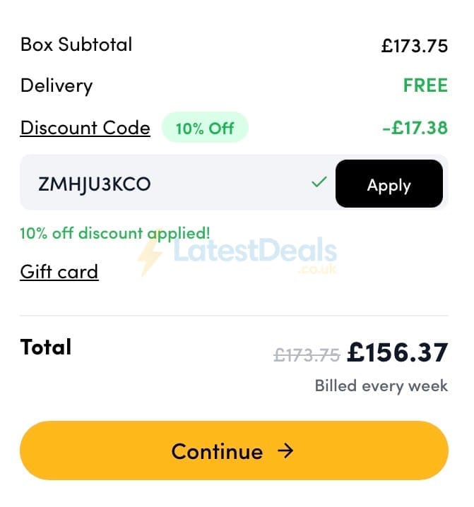 Screenshot of the Prep Kitchen discount code working