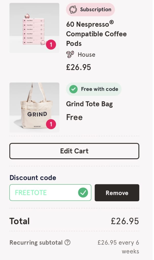Screenshot of the Grind discount code working