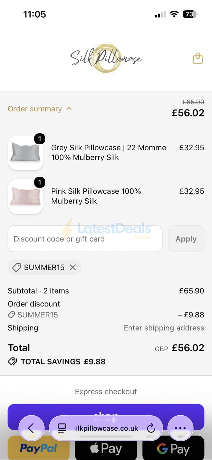Screenshot of the Silk Pillowcase discount code working