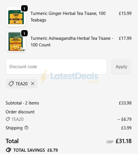 Screenshot of the Vahdam Teas discount code working