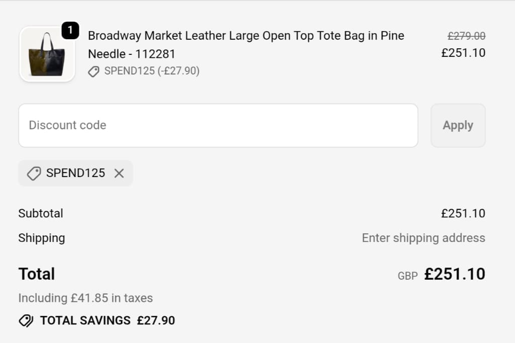 Screenshot of the Radley London discount code working