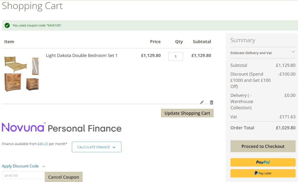 Screenshot of the Trade Furniture Company discount code working