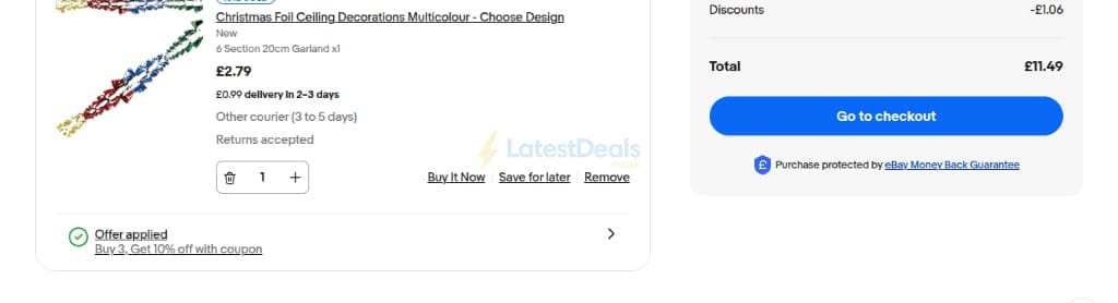 Screenshot of the ebay discount code working