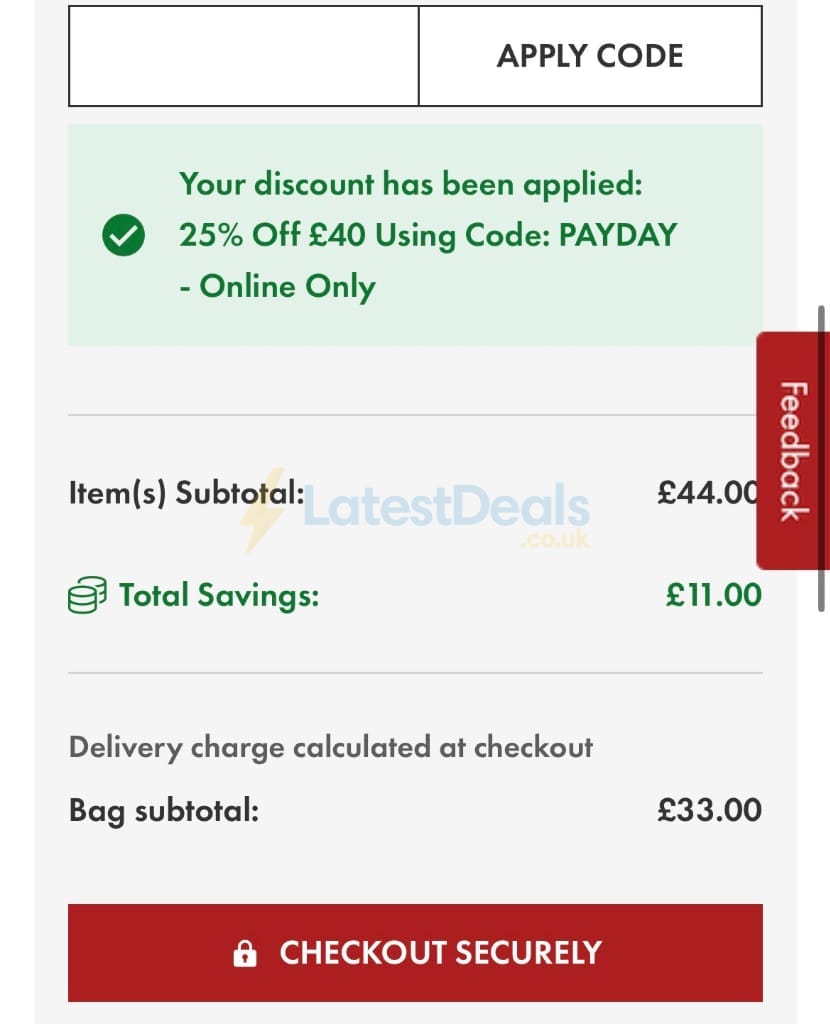 Screenshot of the Matalan discount code working
