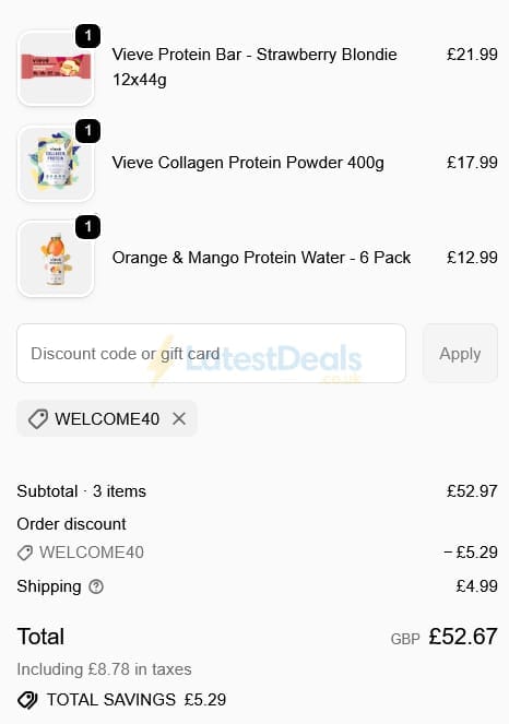 Screenshot of the Vieve discount code working