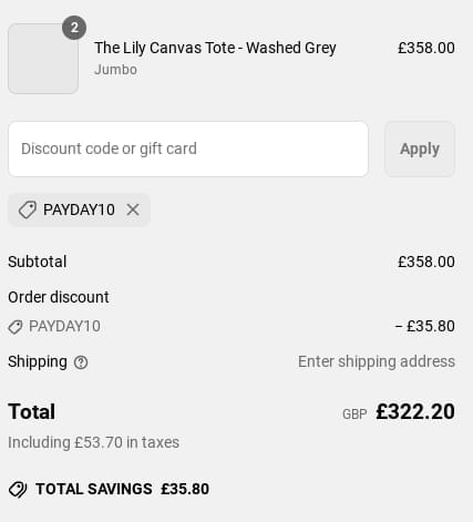 Screenshot of the Lily and Bean discount code working