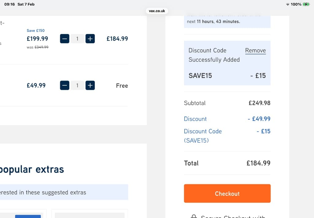 Screenshot of the Vax discount code working