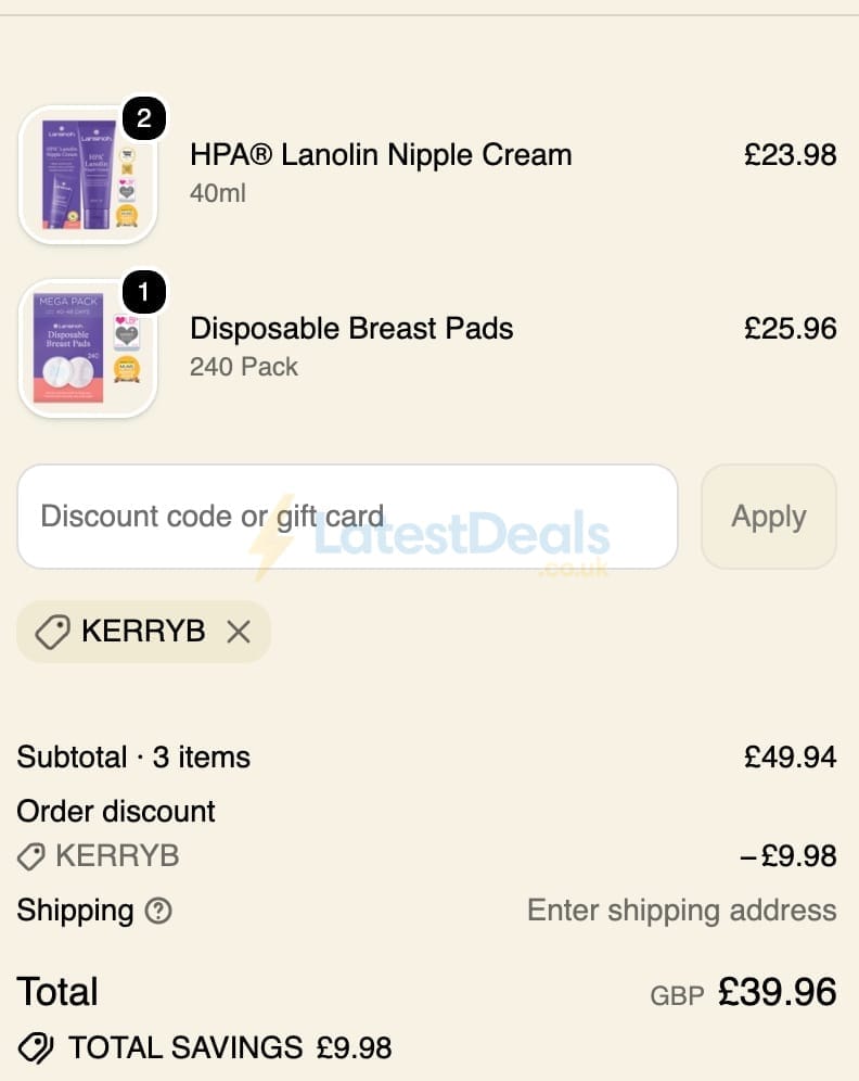 Screenshot of the Lansinoh UK discount code working