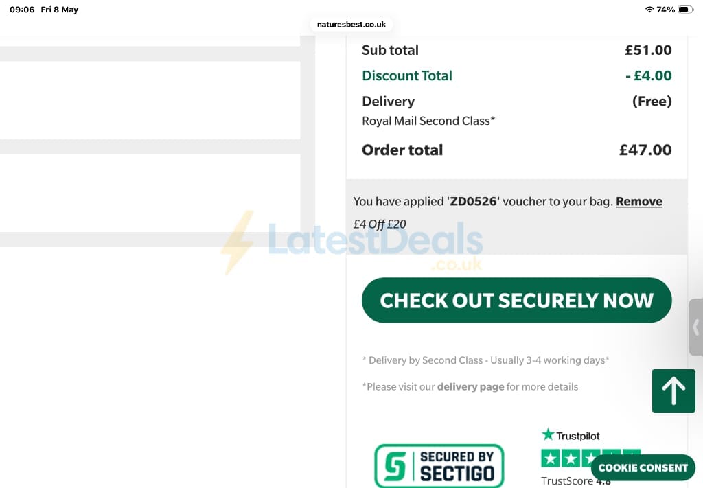 Screenshot of the Nature's Best discount code working