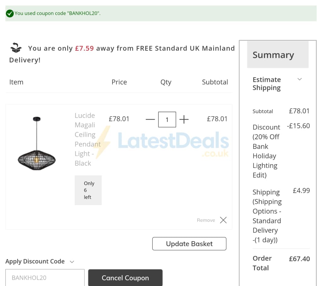 Screenshot of the Lighting Direct discount code working