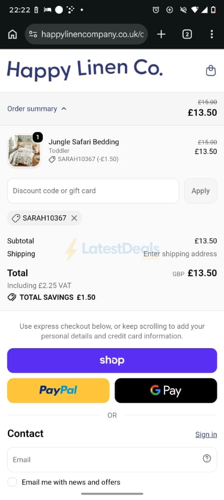 Screenshot of the Happy Linen Company discount code working