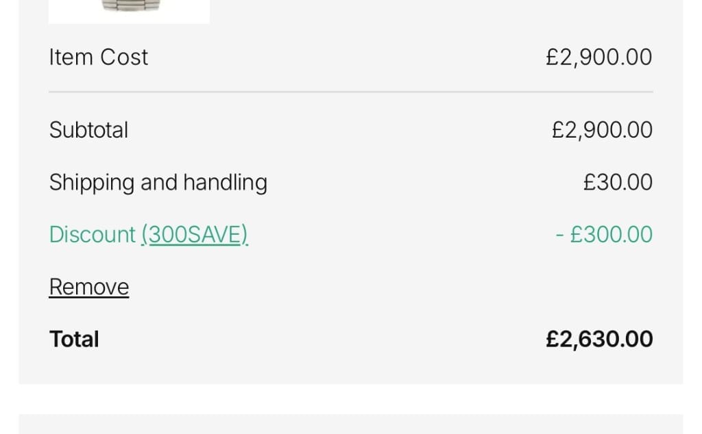 Screenshot of the Watchfinder & Co. discount code working