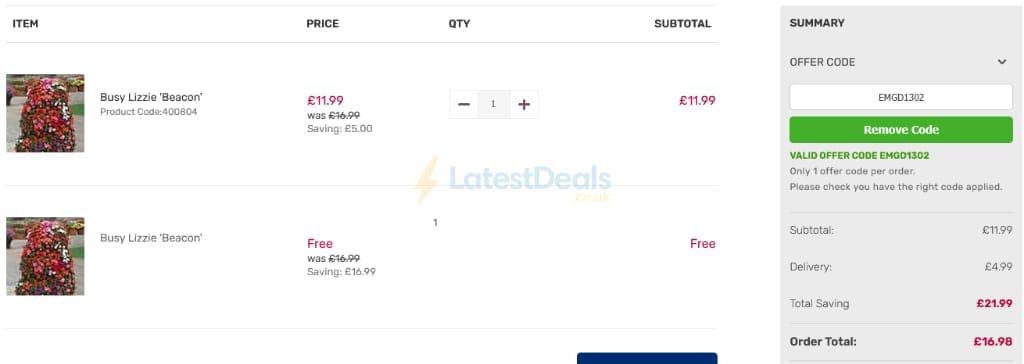 Screenshot of the Gardening Direct discount code working