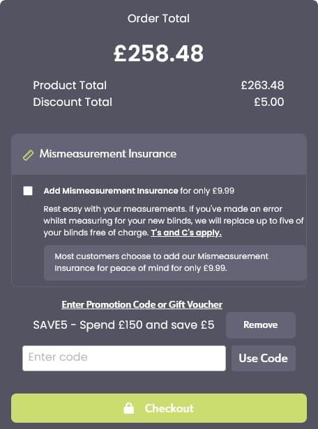 Screenshot of the Order Blinds discount code working