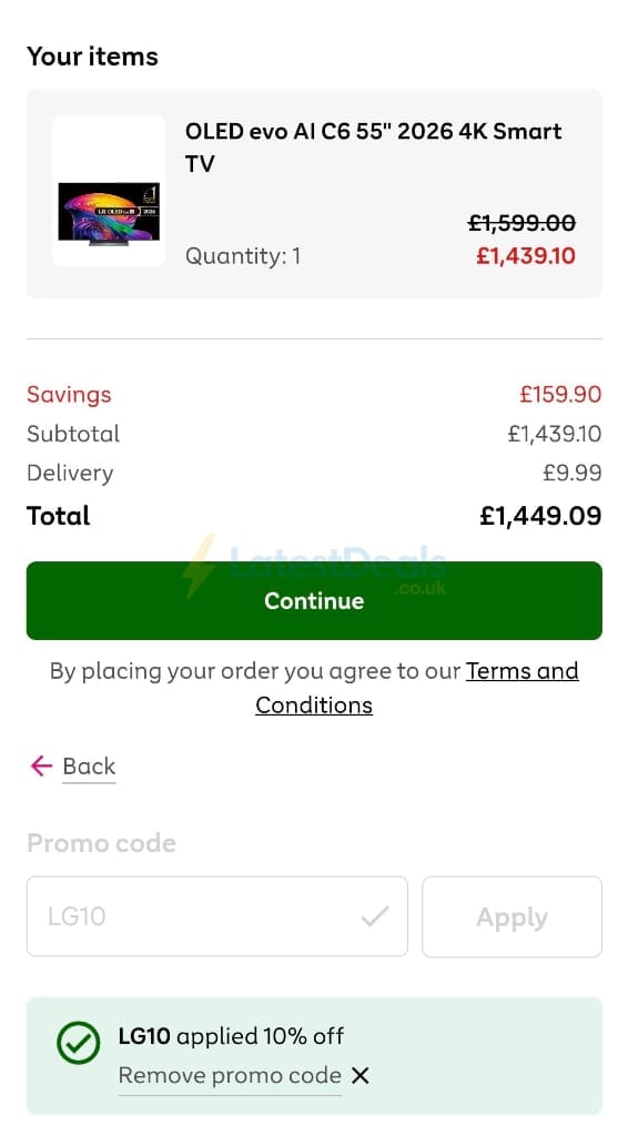 Screenshot of the Very discount code working