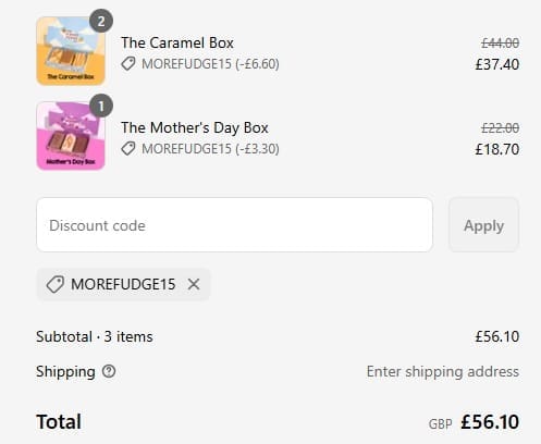 Screenshot of the The Finest Fudge Co. discount code working