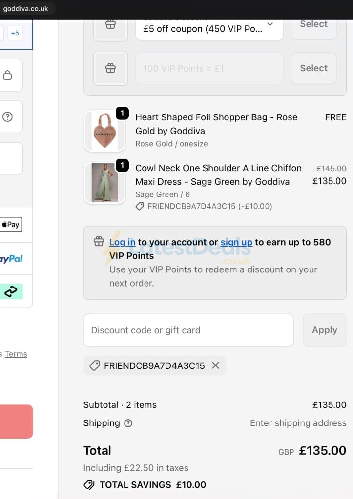Screenshot of the Goddiva discount code working