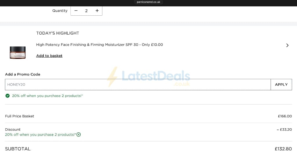 Screenshot of the Perricone MD discount code working