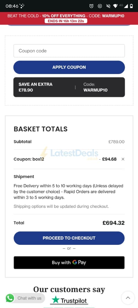 Screenshot of the PSCL Beds discount code working
