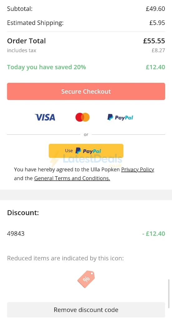 Screenshot of the Ulla Popken discount code working