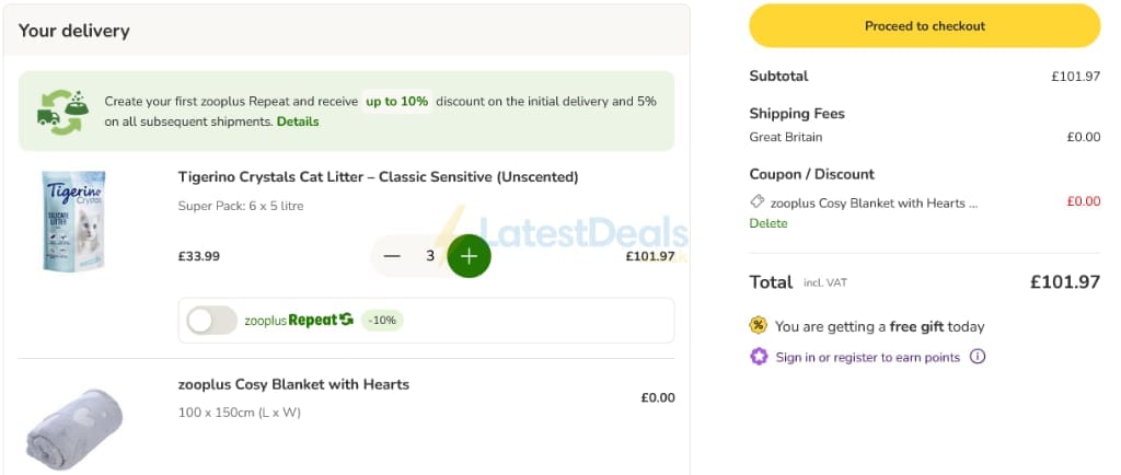 Screenshot of the zooplus discount code working